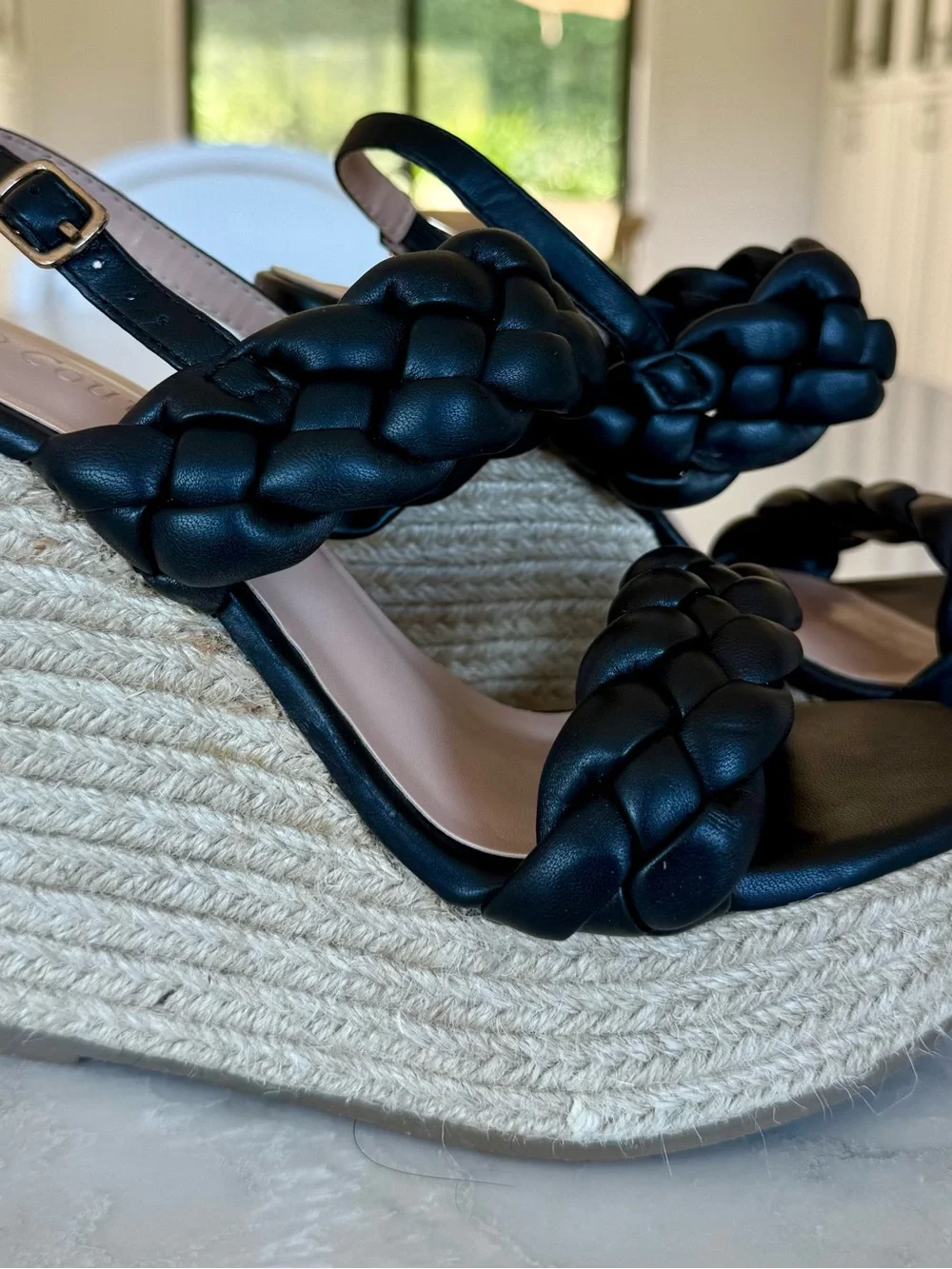 Coutgo Braided Strap Black Wedge Espadrille Sandals - Black size 6